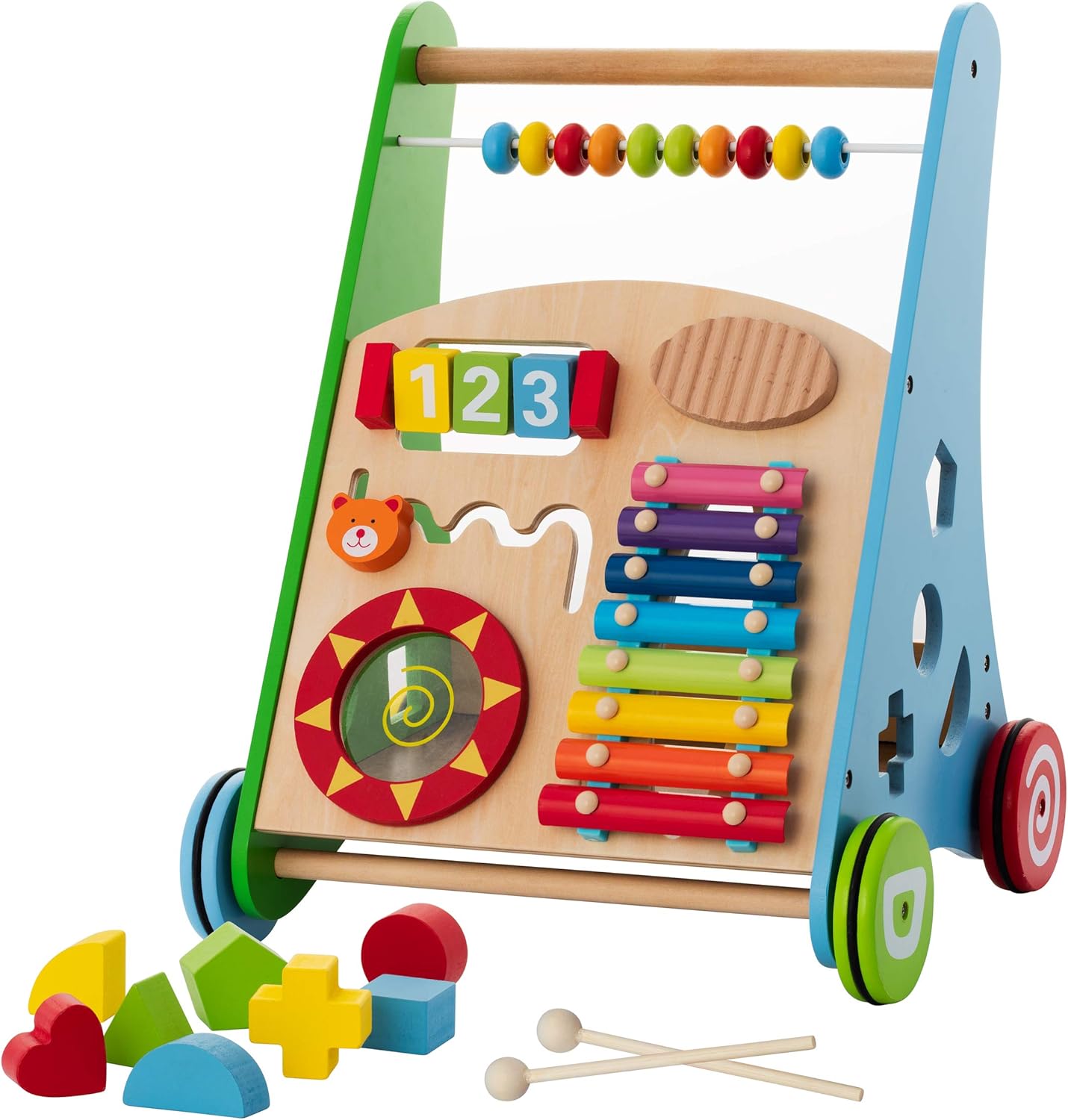 Baby Toys &ndash; Kids&rsquo; Activity Toy &ndash; Wooden Push and Pull Learning Walker for Boys and Girls &ndash; Multiple Activities Center &ndash; Assembly Required &ndash; Develops Motor Skills & Stimulates Creativity