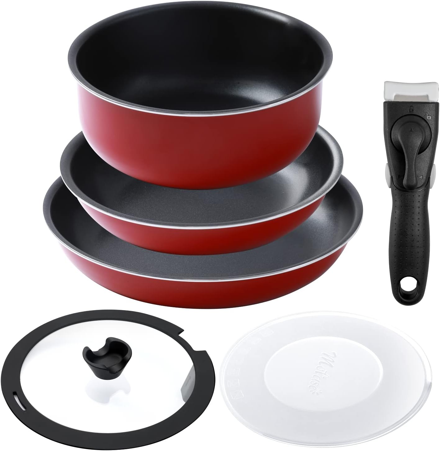 Motase 6 Pieces Kitchen Non-Stick Cookware Sets with Removable Handle, Stackable Pots and Pans Set Nonstick for Induction Gas RVs Camping Space Saving, White