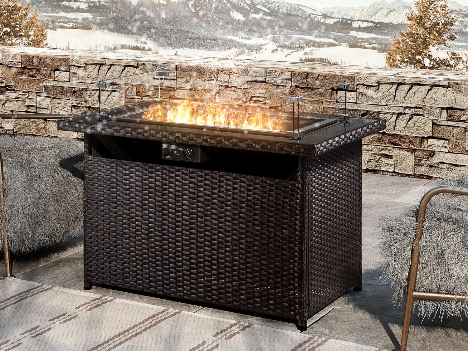 Allewie Fire Pit Table, 43 Inch 55,000 BTU Auto-Ignition PE Rattan Rectangular Propane Gas Fire Table with Glass Wind Guard and Cover for Garden, Patio, Backyard, Deck, Poolside, Black