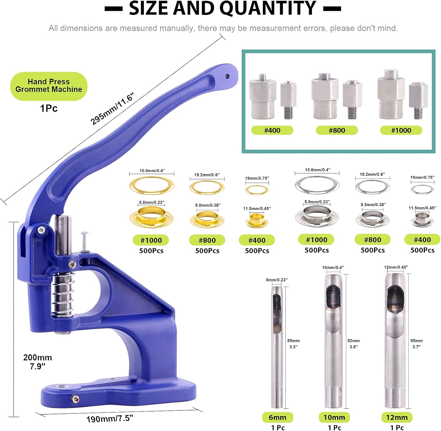 Keadic Heavy Duty Hand Press Eyelet Grommet Machine Punch Tool Kit with 3 Pcs Dies #0#2#4 and 3000 Sets Gold & Silver Grommets, Eyelet Puncher Set for Banners, Signs, Clothing, Curtains