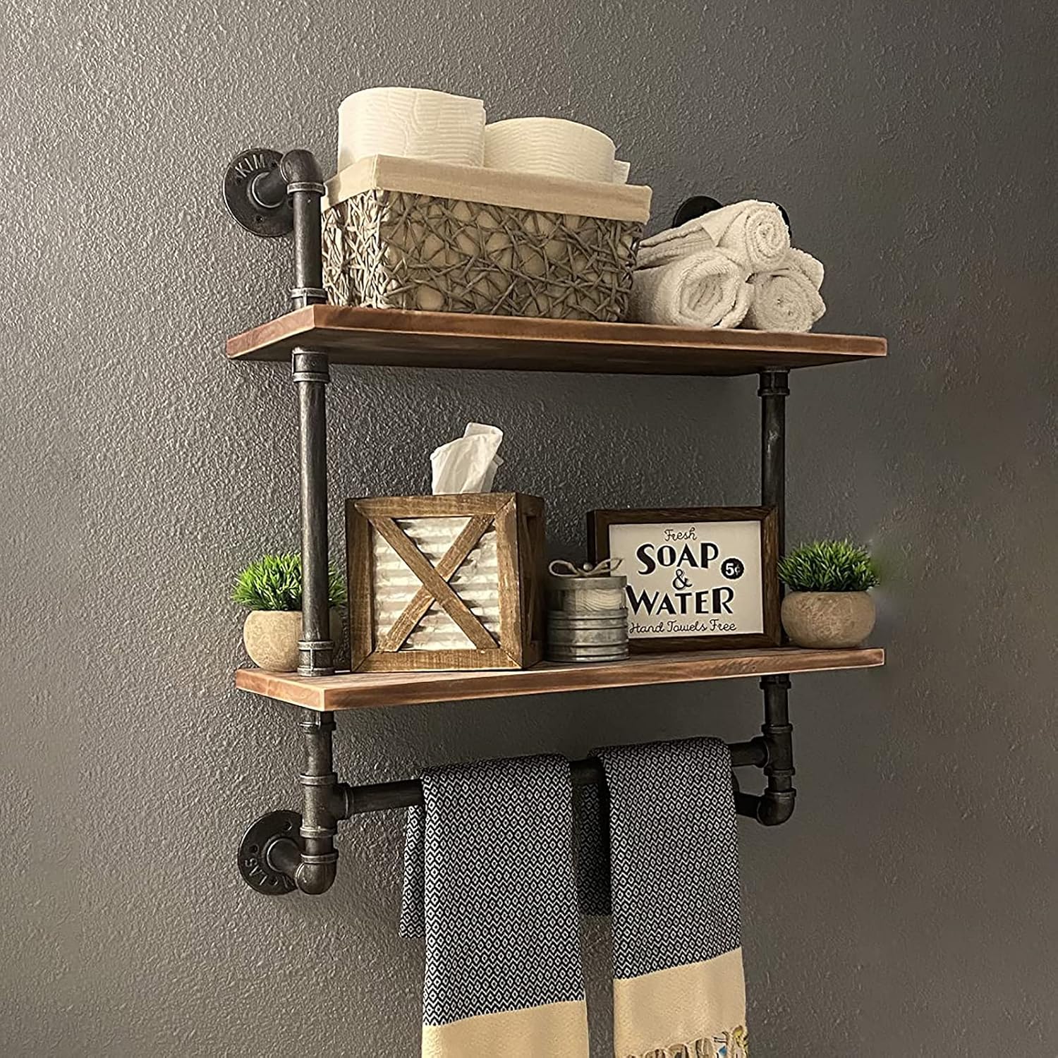 Industrial Pipe Shelf,Rustic Wall Shelf with Towel Bar,24