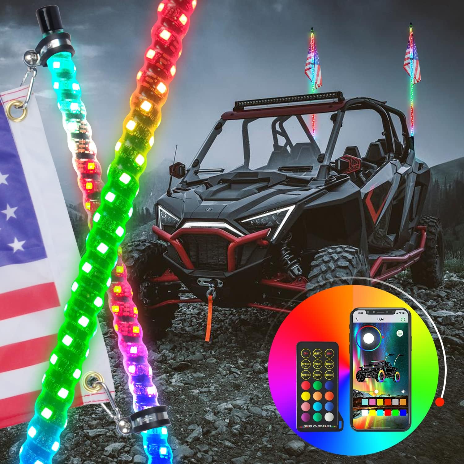 OHMU 2pcs 5ft Led Whip Lights with Bluetooth and Remote,360&deg;Spiral RGB Chase Dacning Light Offroad Warning Lighted Antenna LED Whips