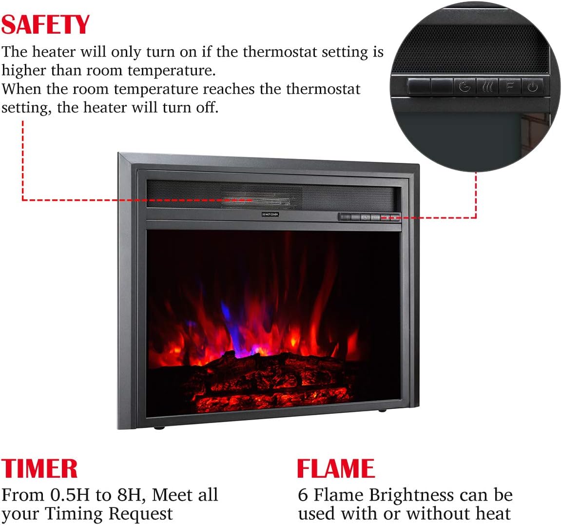 TAGI 23 inch Embedded Electric Fireplace Insert with Remote Control, Recessed Electric Stove Heater, Auto Over-Heat Kill Switch