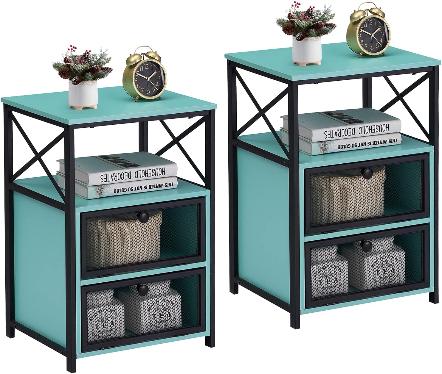 VECELO Modern Nightstand, End Table with flip Drawer and X-Design Side for Bedroom Living Room Office, Easy Assembly, Black, Set of 1