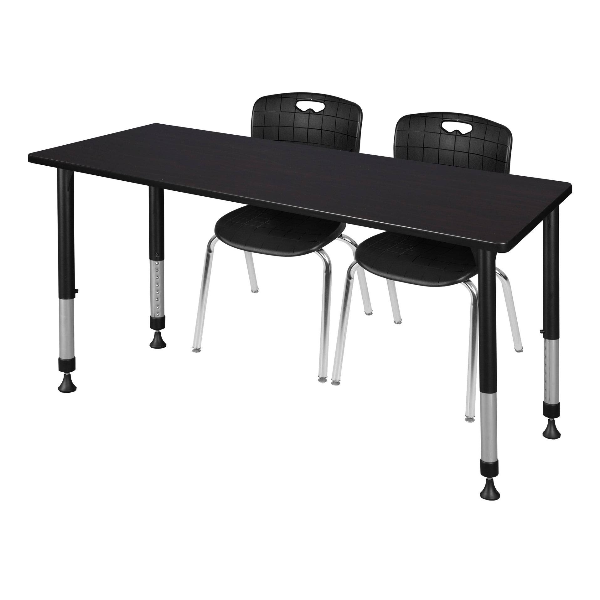 Regency Kee 72x22 x 30x22 Height Adjustable Classroom Table - Mocha Walnut u0026 2 Andy 18-in Stack Chairs- Black