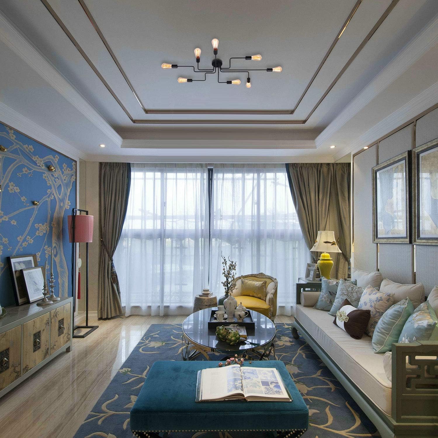 Farmhouse Bedroom Semi Flush Mount Ceiling Light Unitary Brand Rustic Black Metal Sputnik Hallway Ceiling Light Fixture with 8 E26 Bulb Sockets Entryway Flush Mount Light Kitchen Light Fixture