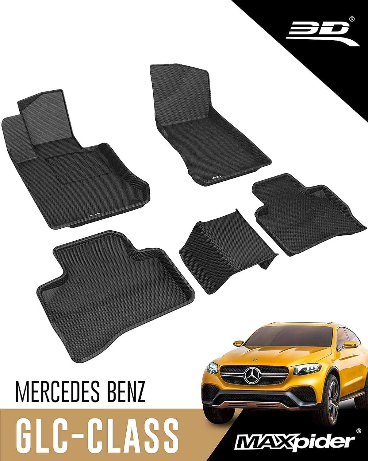 3D MAXpider All-Weather Floor Mats for Mercedes Benz GLC-Class (X205) 2016-2021 Custom Fit Car Floor Liners, Kagu Series (1st & 2nd Row, Black)