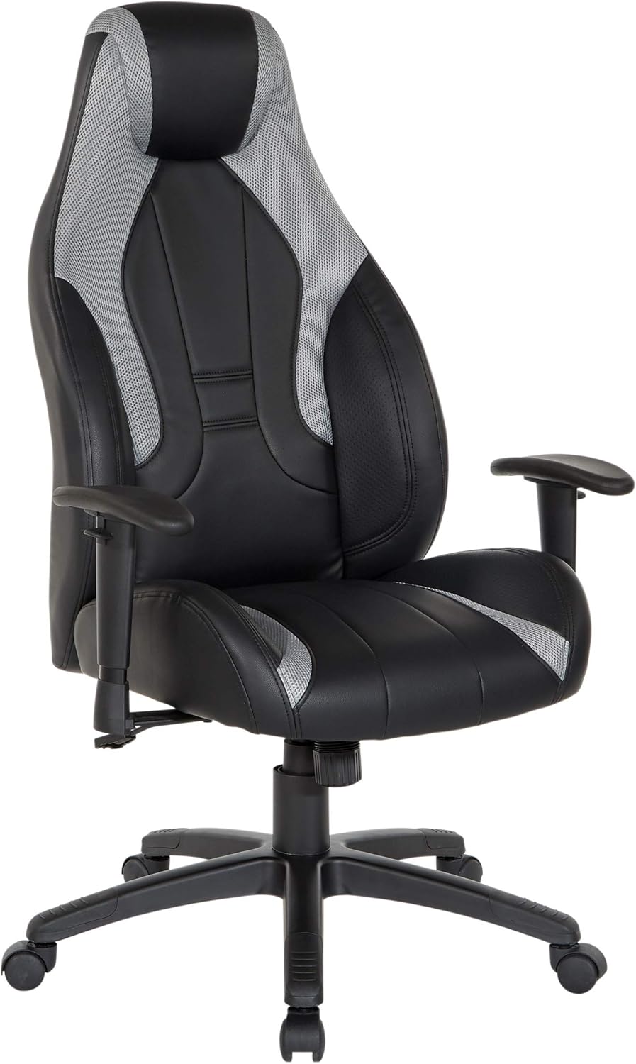 OSP Home Furnishings Commander Ergonomic Adjustable High Back Gaming Chair, Black Faux Leather with Grey Accents