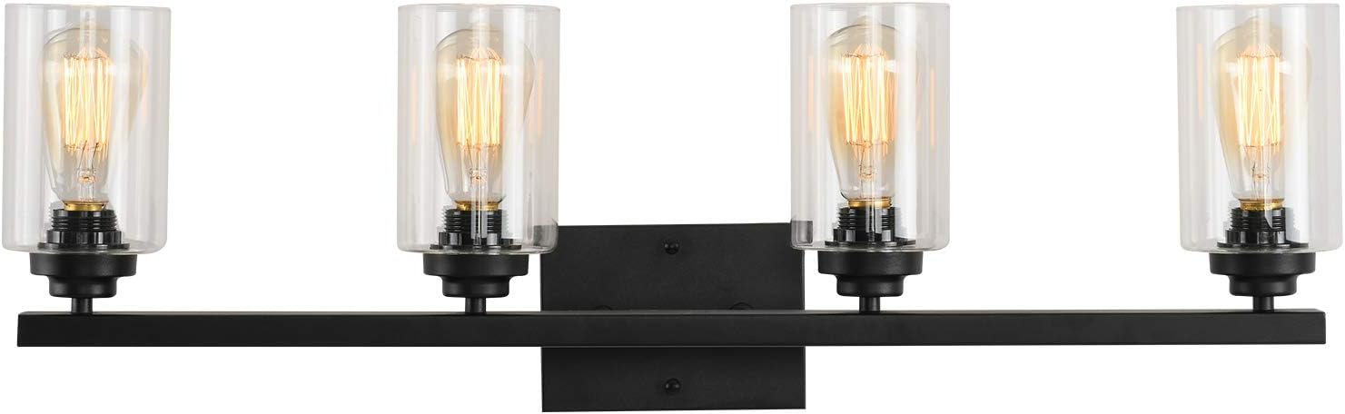 Bathroom Vanity Light, Wall Sconces 4 Lights Black, Vintage Vanity Lighting Fixture, Over Mirror Light with Clear Glass Shades for Hallway, Kitchen, Living Room, Bedroom