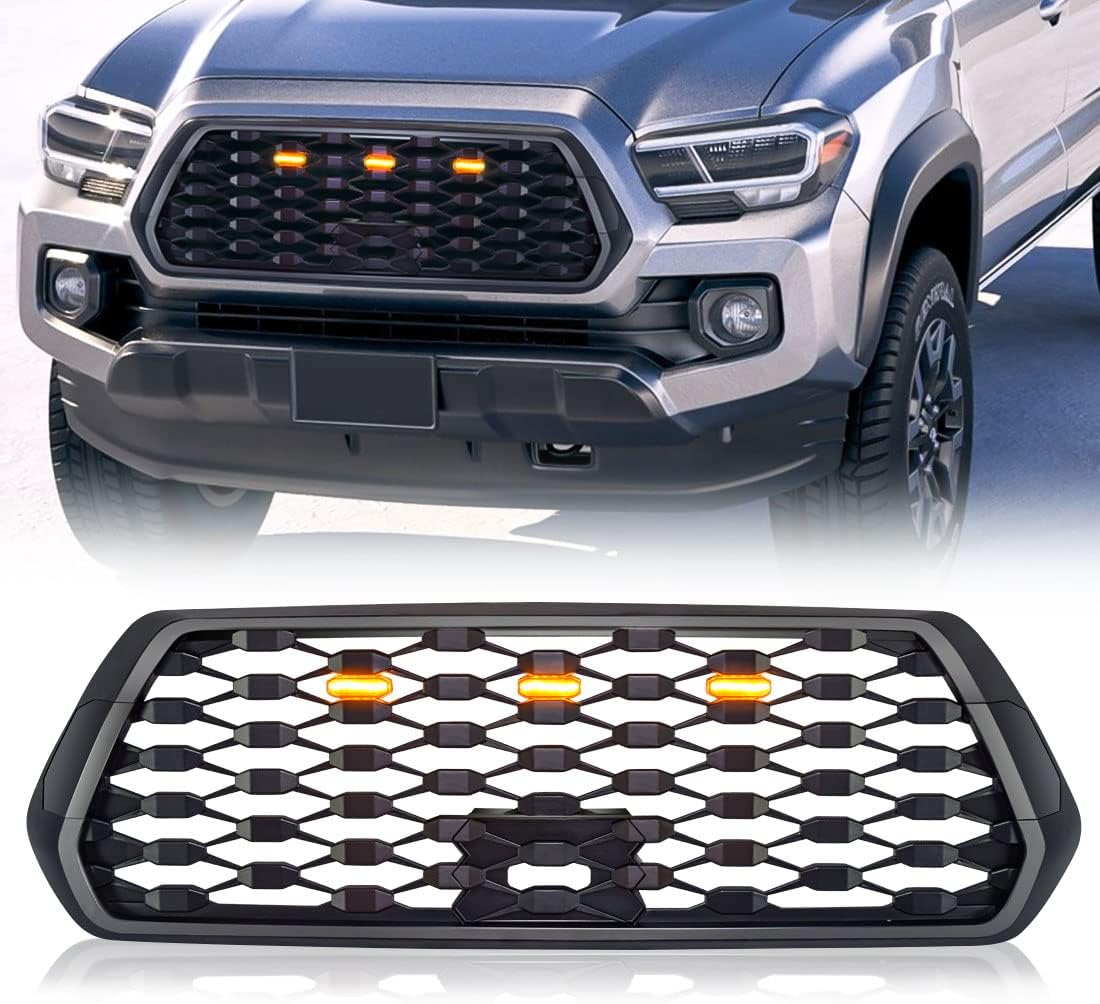Rongher Mesh Front Grille for 2016-2021 Tacoma SR SR5 TRD Sport TRD Off-Road TRD Limited, w/ Amber LED Lights, Matte Black