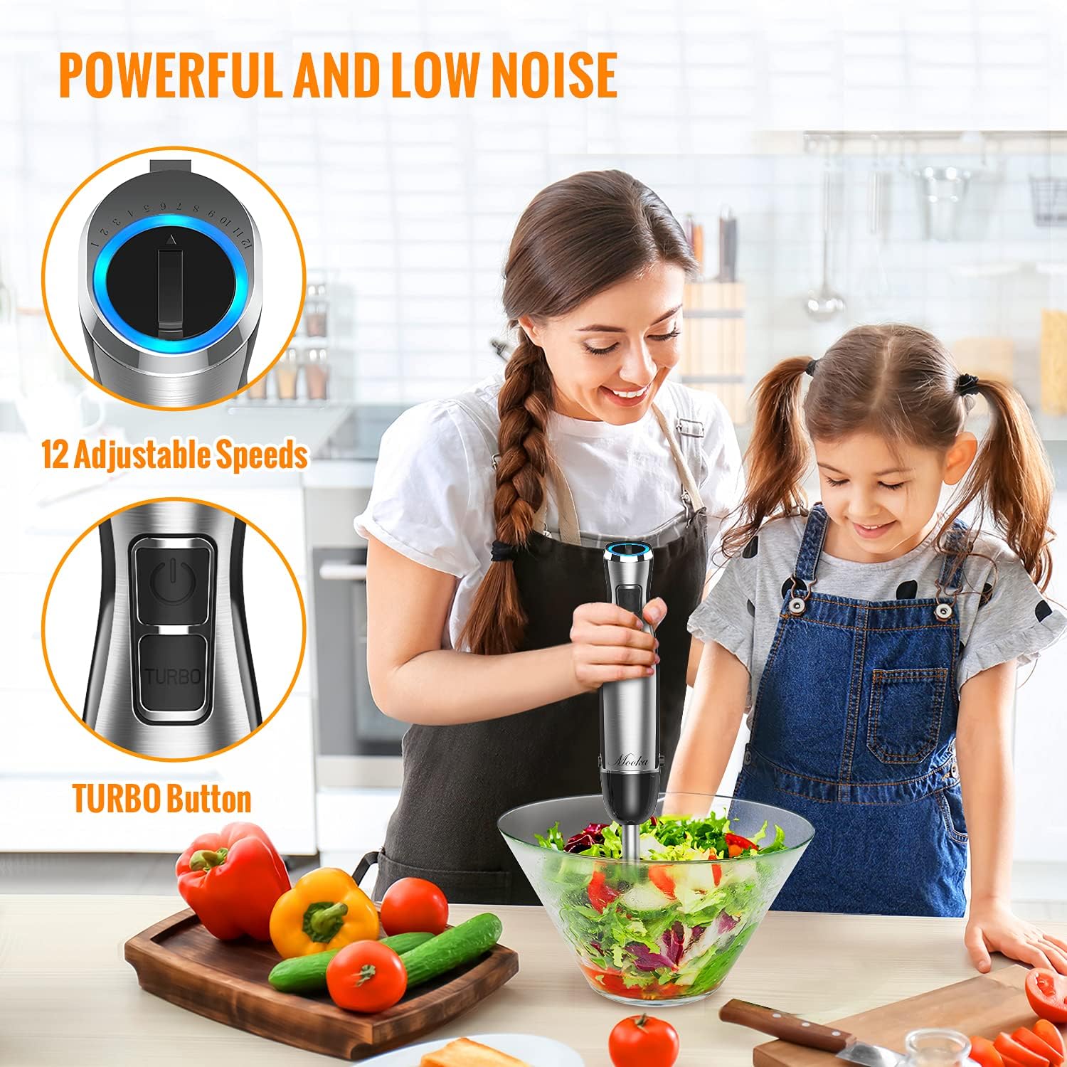 MOOKA Immersion Blender, 1100W 5-in-1 Multi-Purpose Hand Blender, 12-Speed Handheld Stick Blender, 600ml Beaker, 500ml Chopper, Egg Whisk, Milk Frother, Black Pack of 2