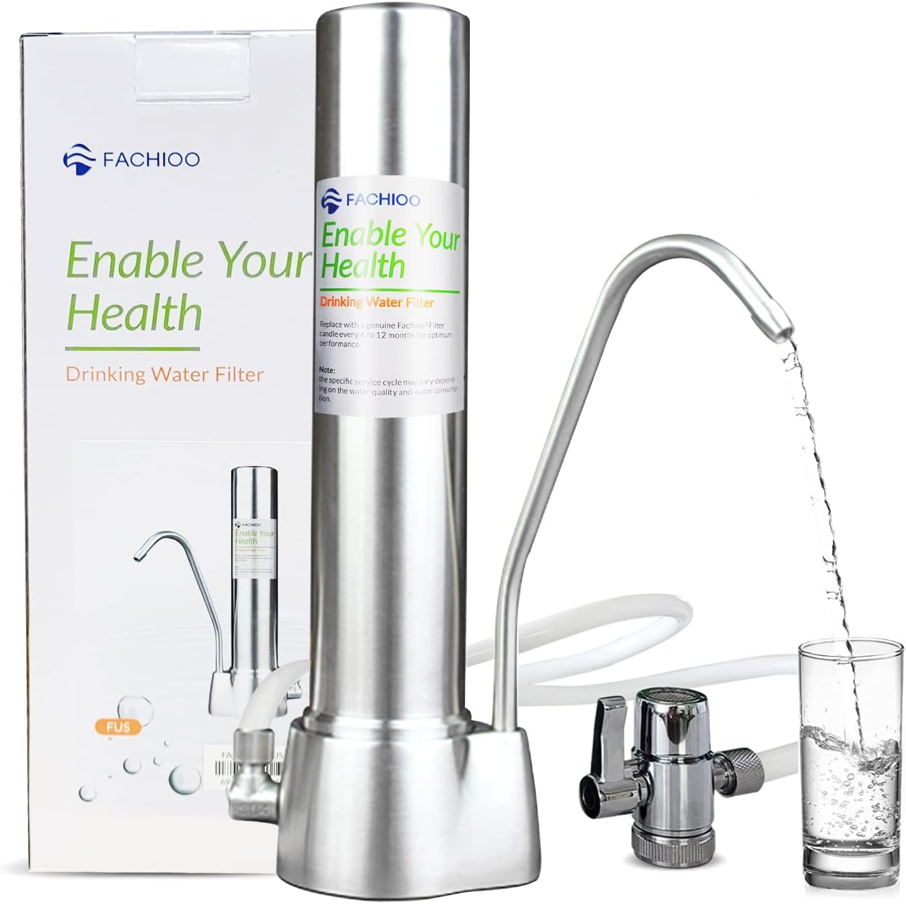 FACHIOO Countertop Filter System, 4-Stage Stainless-Steel Countertop Filter Washable Filter, Easy Install Faucet Water Filter, Reduces Heavy Metals, Bad Taste and Up 99% of Chlorine(1 Filter Included)