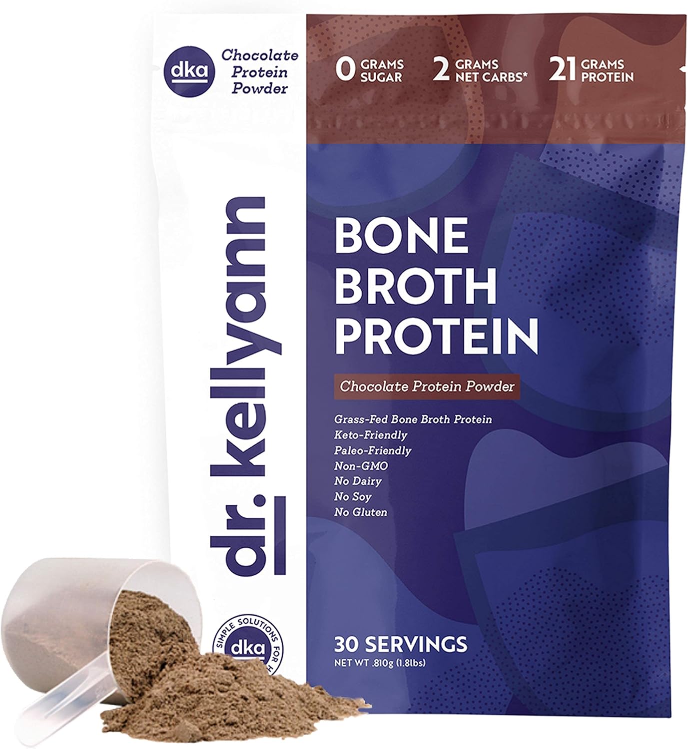 Keto Bone Broth Protein Powder Chocolate - Protein 21g, 2g Net Carbs - Grass Fed Hydrolyzed Collagen - Sugar Free, Gluten Free, Dairy Free, Soy Free, Paleo, Keto Collagen Protein Shakes (30 Servings) Pack of 2