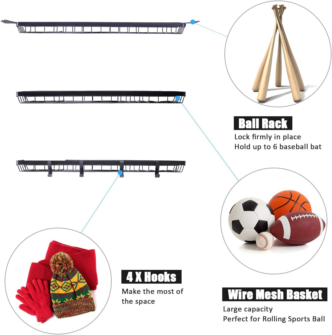 Mythinglogic Sports Equipment Storage Rack,Wall Mount Ball Storage Racks for Garage, 3 Separate Ball Storage Organizer for Basketball, with Hooks Pack of 2