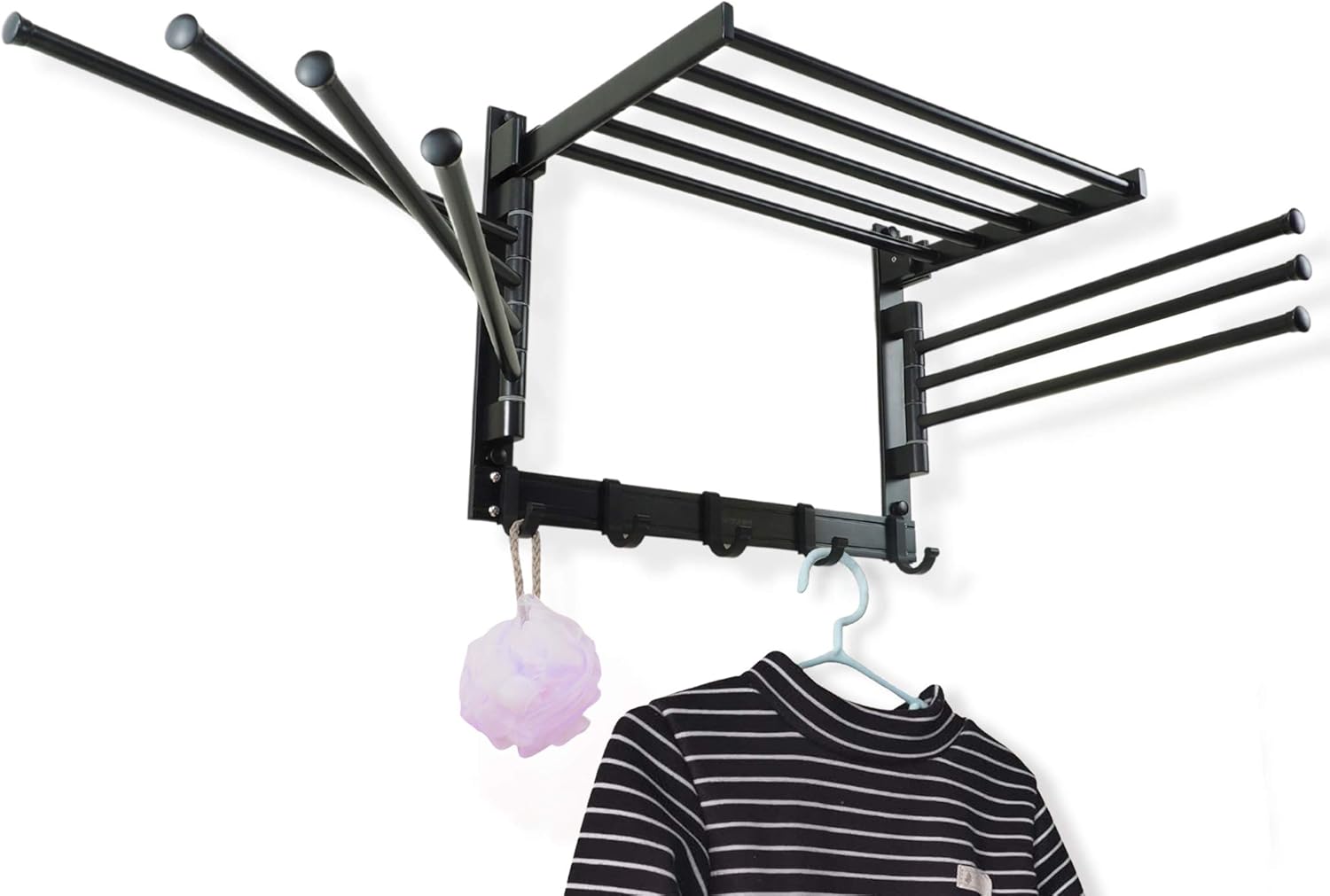 INATSUNNY Laundry Clothes Drying Rack - Wall Mounted Swivel Towel Rack - with Hooks and Swing Arms - Space Saver in Laundry Room and Bathroom - Space Aluminum (Black)