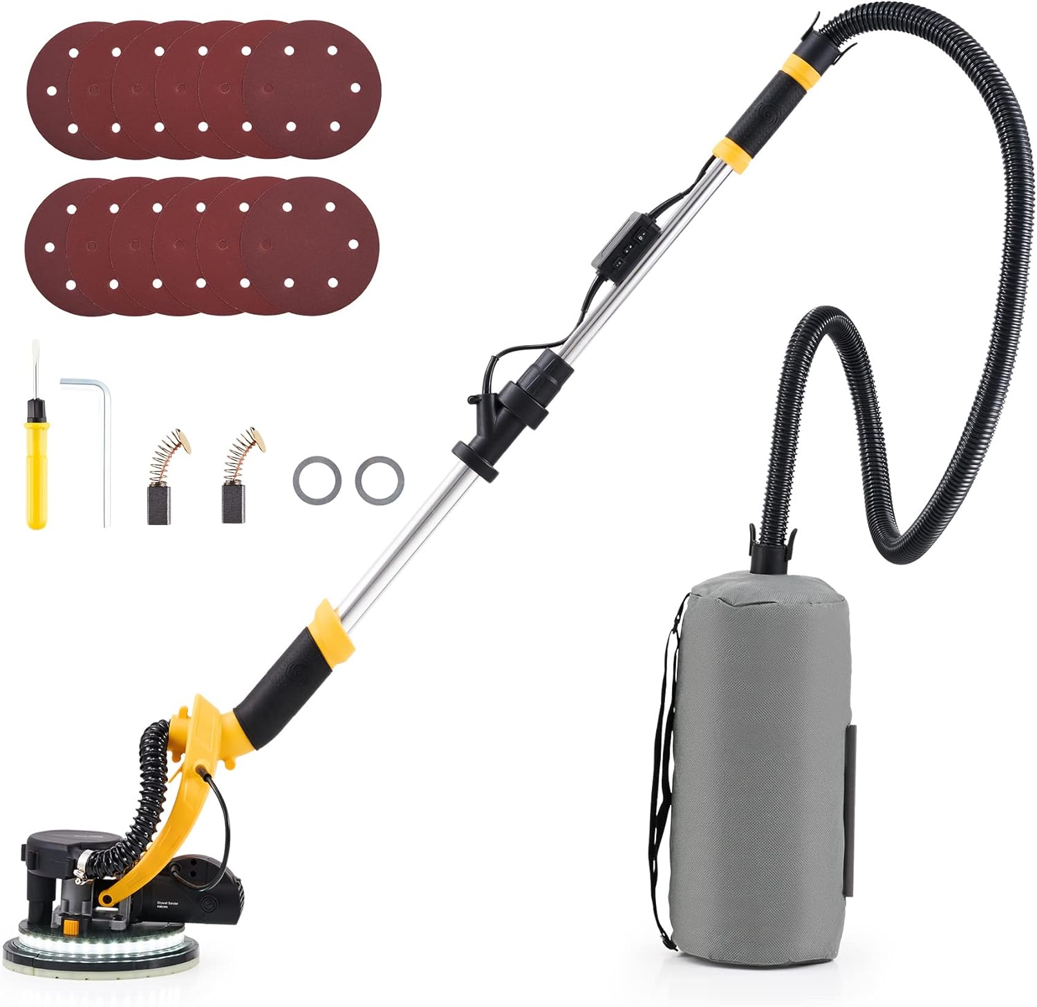 ZELCAN 800w Drywall Sander with Vacuum, Dustless Wall Pole Sander with 59-71'' Extendable Handle, 500~1800RPM Dust-Free Auto Electric Sanding Machine with 12 Sanding Discs, Carrying Bag & LED Lights