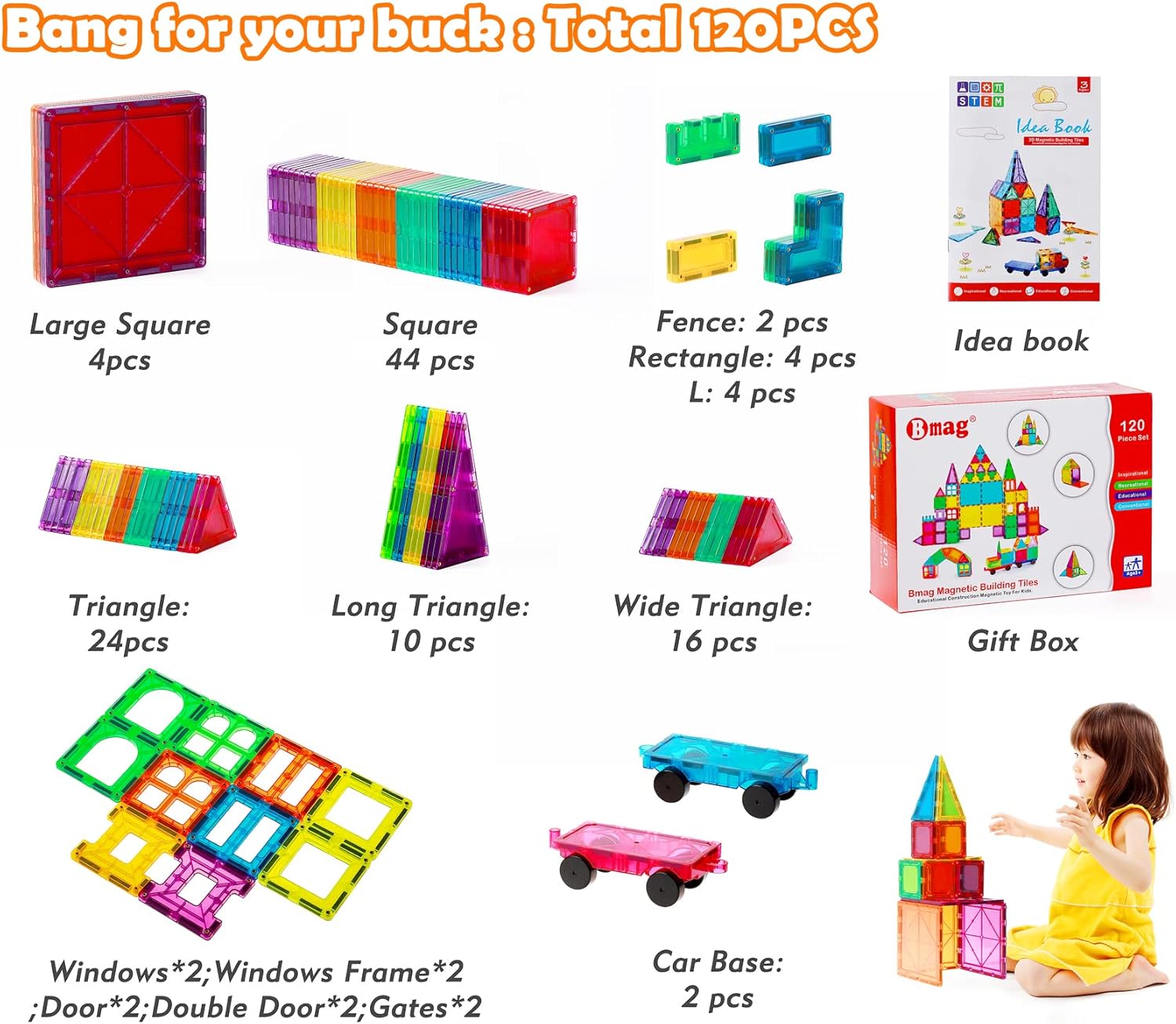 BMAG 120 PCS Magnetic Building Blocks, 3D Magnet Building Tiles, STEM Construction Building Set, Stacking Toys with 2 Car Pack of 2