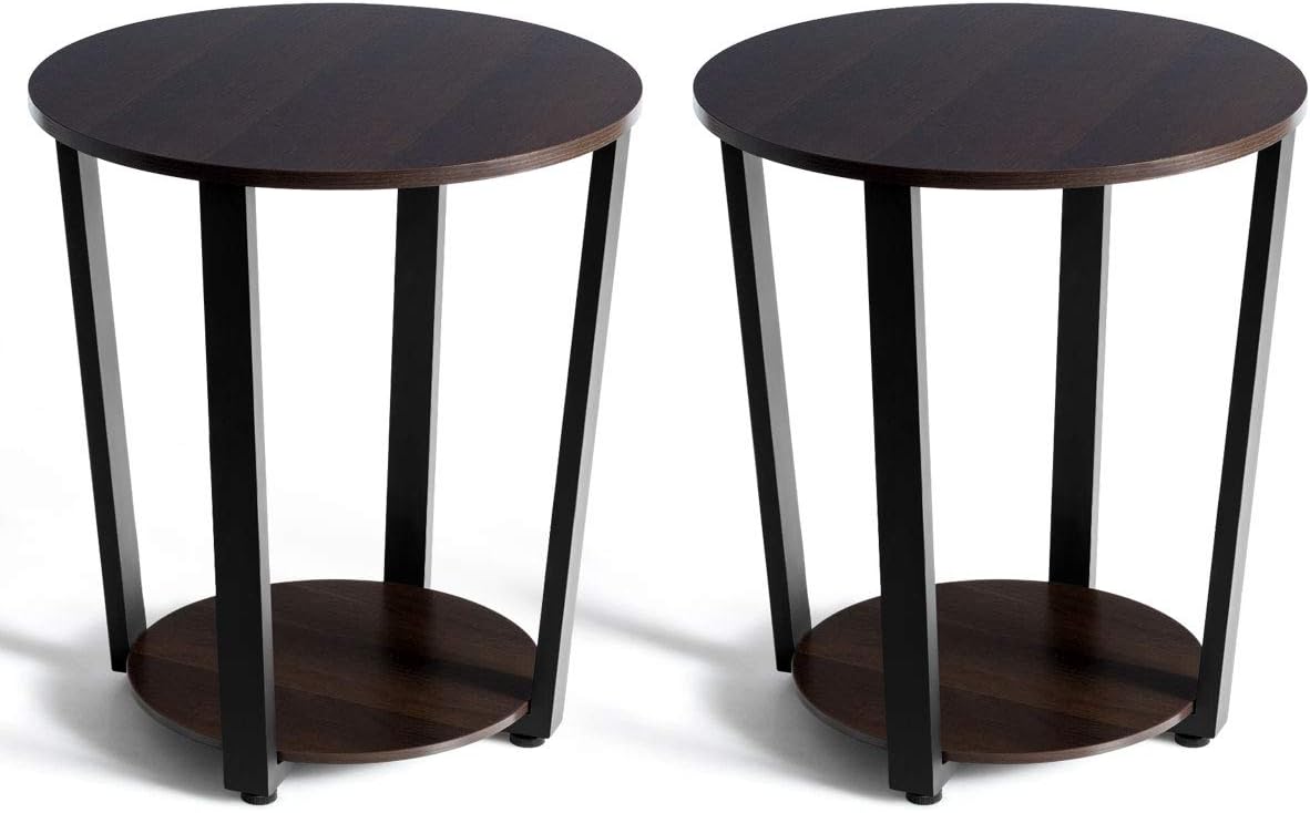 Tangkula Round End Table, 2-Tier Metal Sofa Table with Storage Shelf, Round Side Table with Metal Frame, Industrial Style Accent Furniture for Home Living Room Bedroom (1, Rustic Brown)