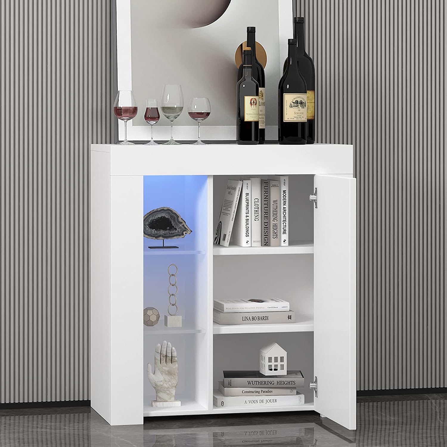 DMAITH Modern High Gloss Sideboards Buffets with Storage Cabinet & Led Lights, 1 Door & 2 Open Shelves, Cupboard for Kitchen and Dining Room, Black (001B)