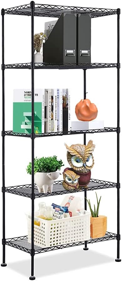 5-Shelf Adjustable Wire Shelves, Metal Storage Shelves Utility Shelves, Height Household Type Heavy Duty Storage Shelves for Kitchen, Room, Bathroom and Garage,24”L×14”W×60”H, Black Pack of 2