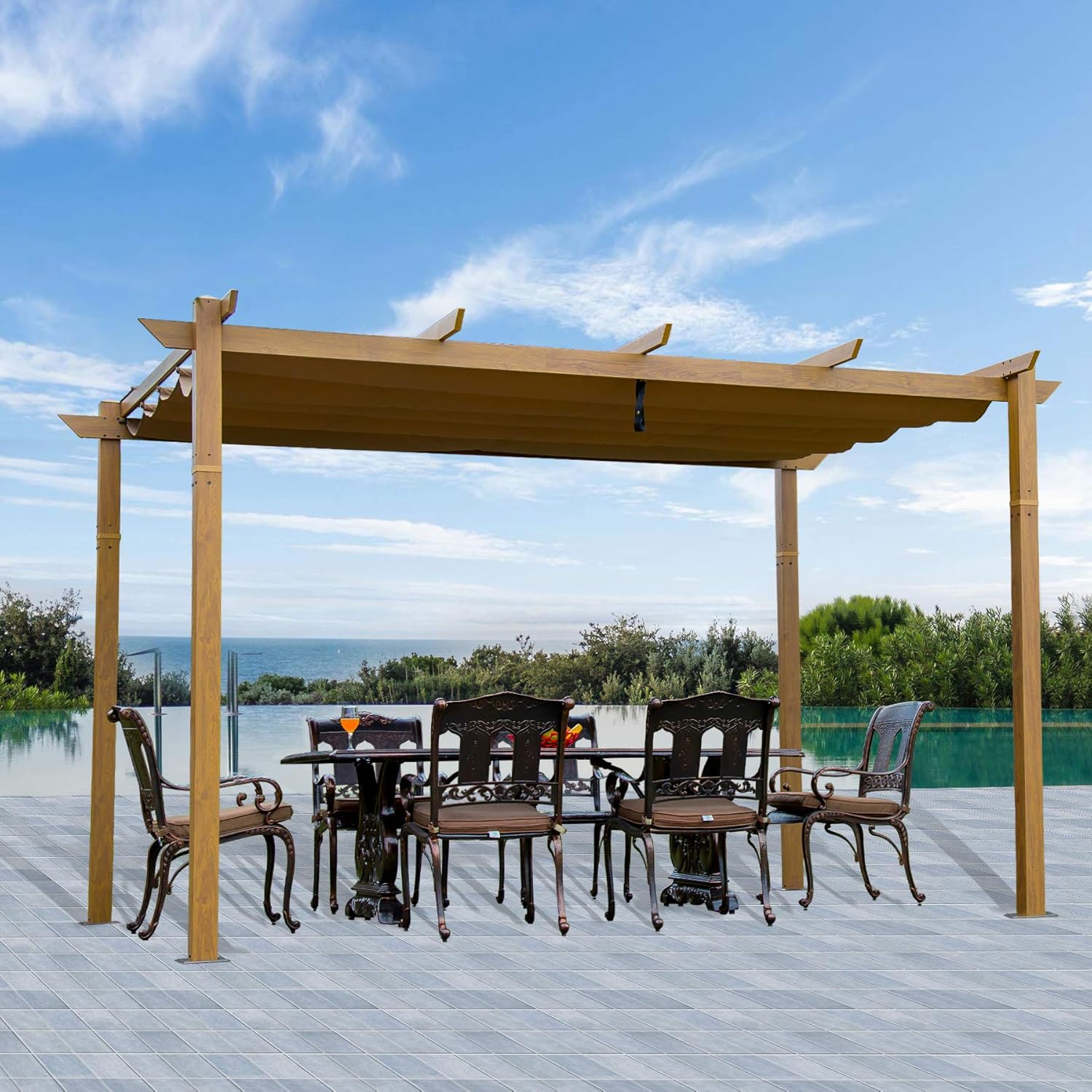 Outdoor Pergolas (2021 New) - Patio Aluminum Retractable Pergola Outdoor Gazebo Heavy Duty Grape Trellis Sunshade Canopy with Natural Wood Looking Finish by domi outdoor living (Martinique 10x13ft)