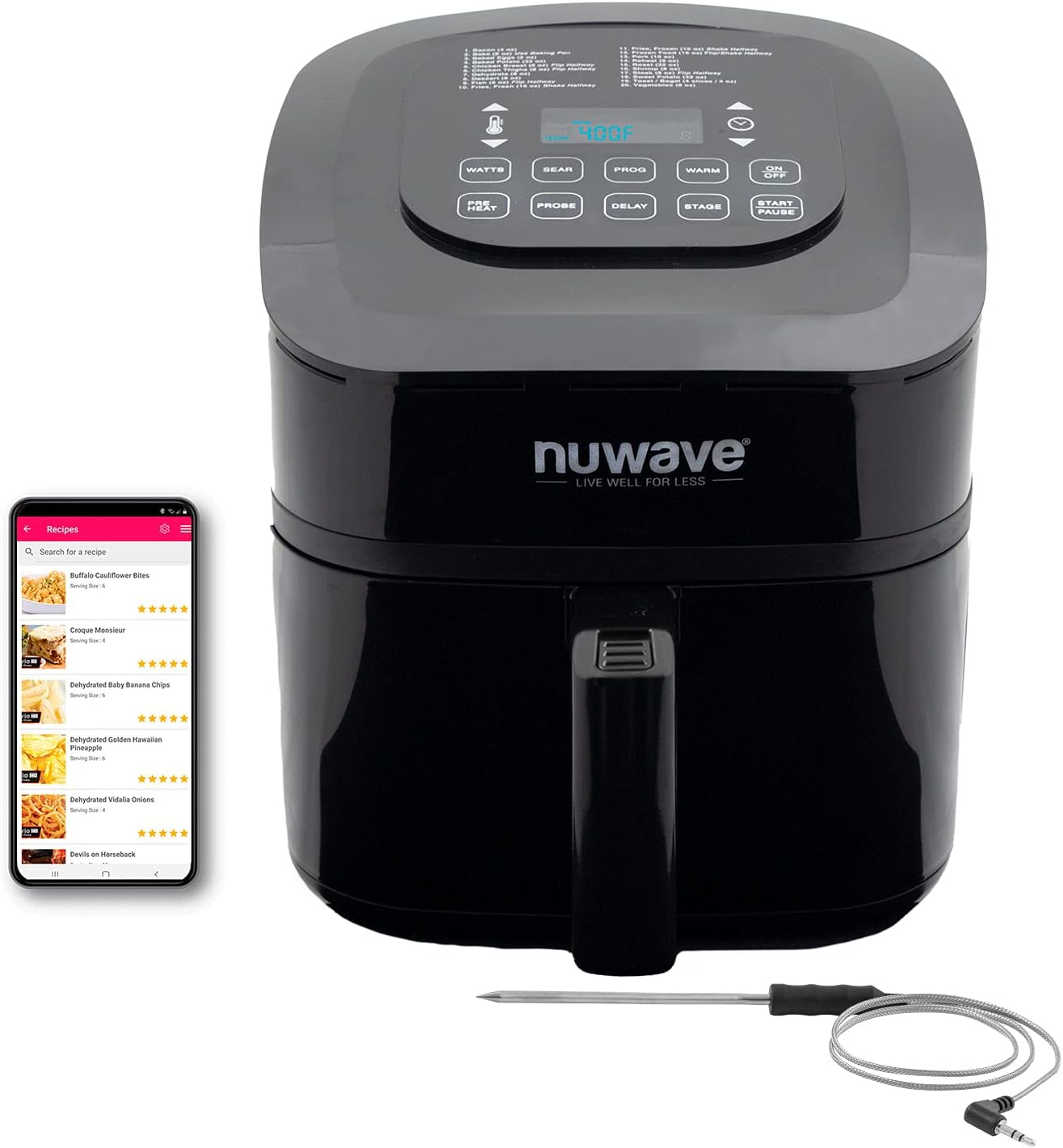 NuWave Brio 6-Quart Healthy Digital Smart Air Fryer with Probe One-Touch Digital Controls, Advanced Cooking Functions, Removable Divider Insert & Grill Pan (NEW ACCESSORY)