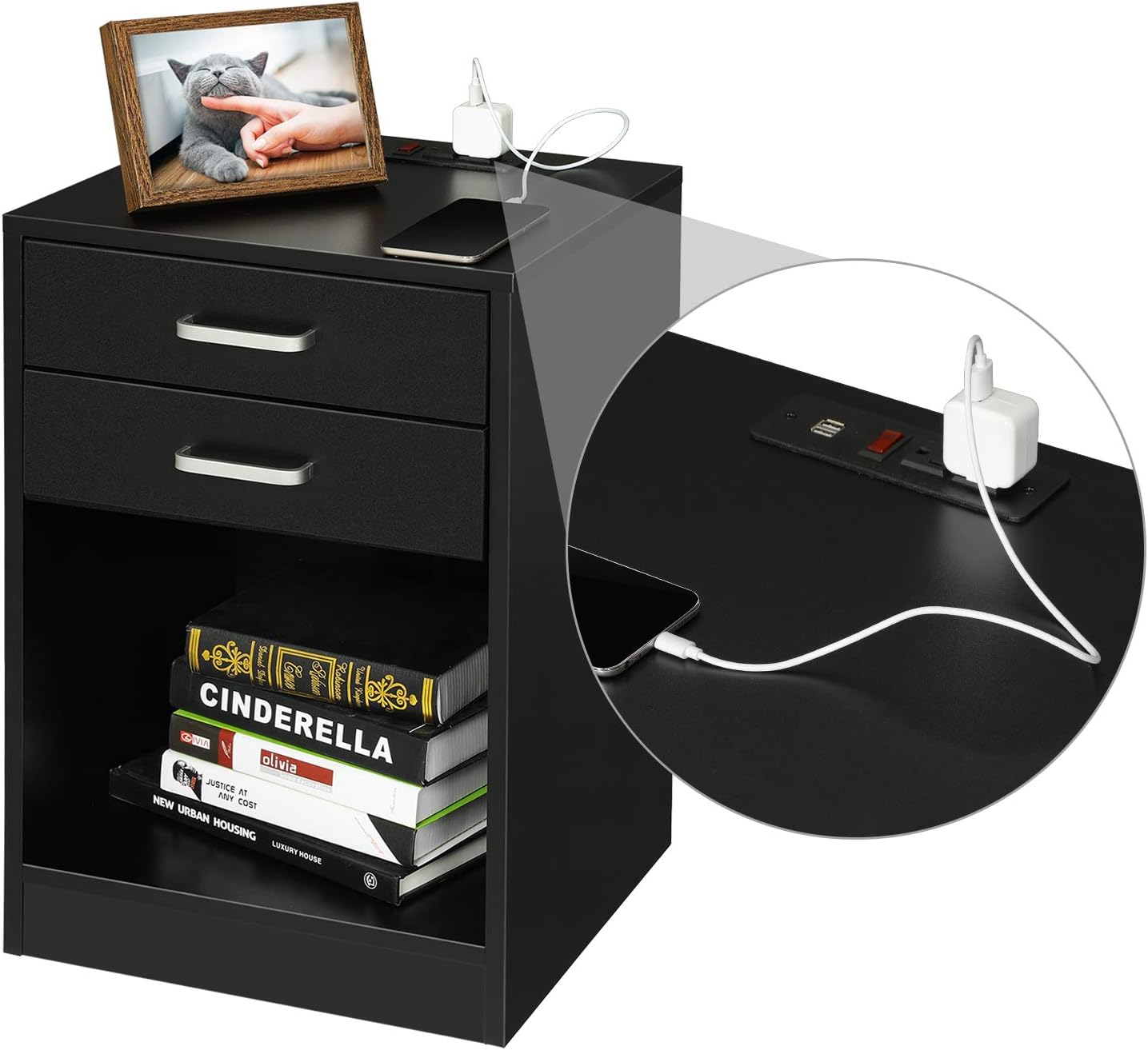 ADORNEVE Black Nightstand with USB Port for Bedroom End Table Side Table Wooden Sofa Side Storage Stand Cabinet,with Sliding Drawer and Shelf