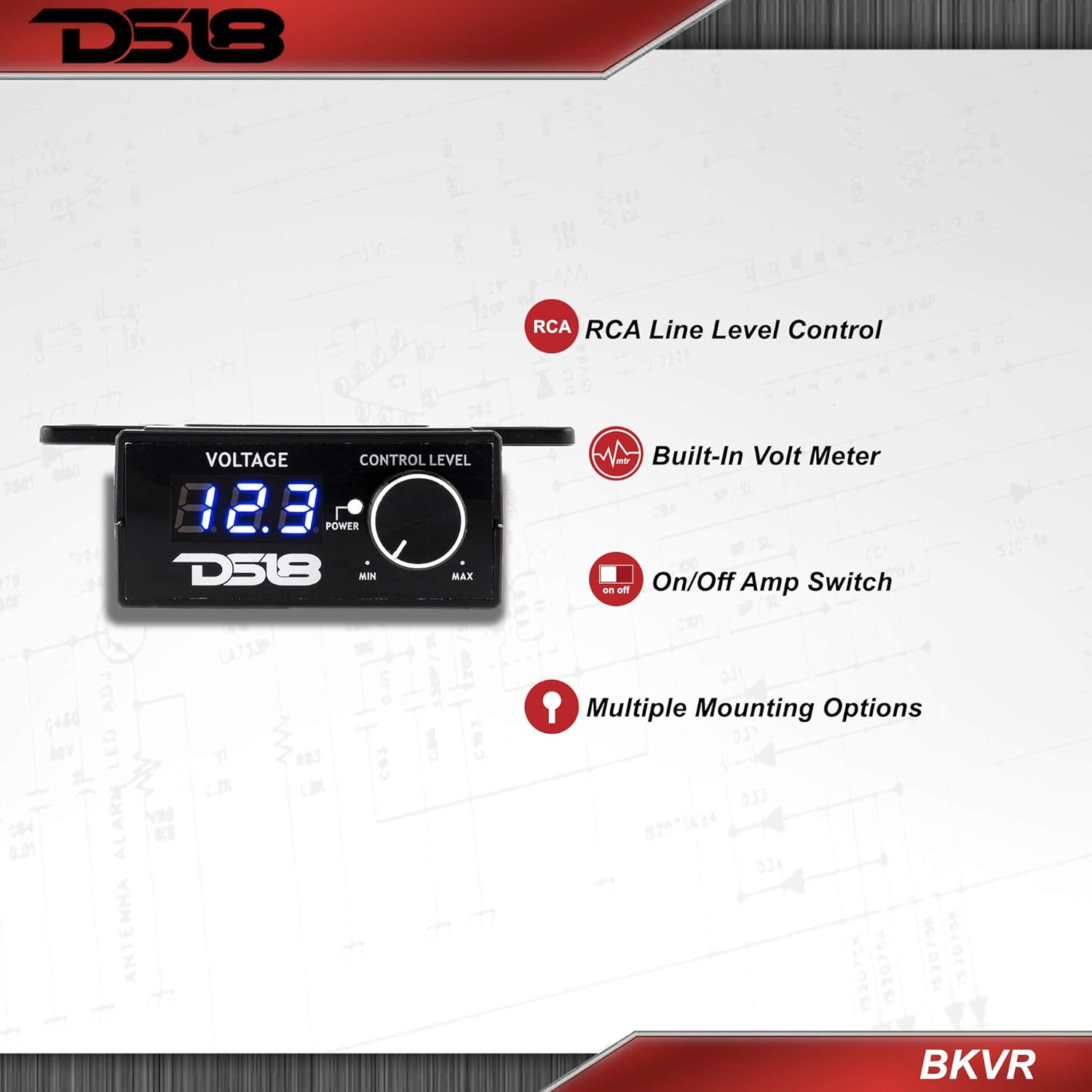 DS18 BKVR Remote Level Control - RCA Line Level Control, Built-in Volt Meter, On/Off Amp Switch, Multiple Mounting Options - Prevent Damage to Your Audio Equipment Pack of 2