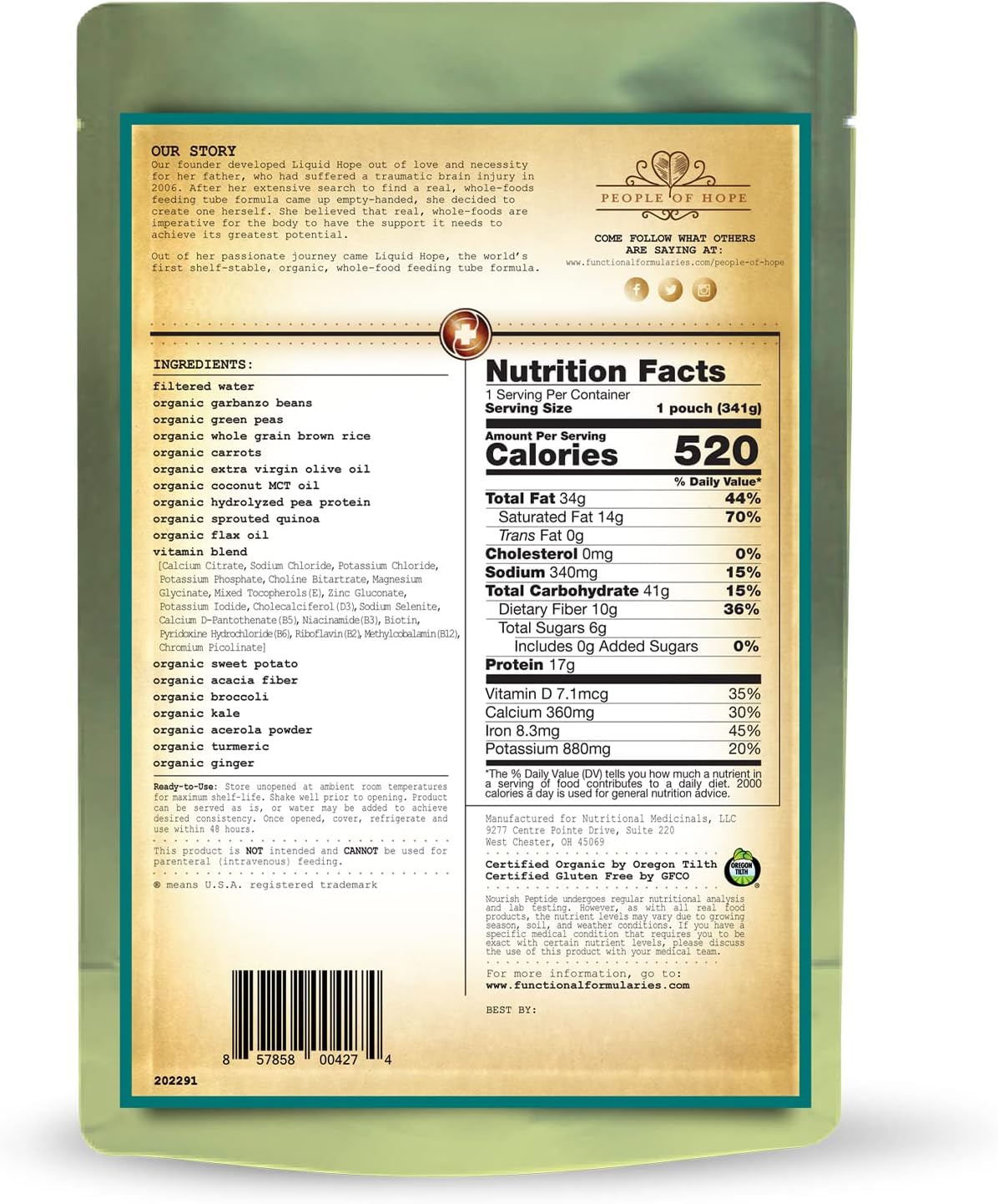 Functional Formularies Nourish Peptide Organic Tube Feeding Formula and Nutritional Meal Replacement Supplement, 12 pack