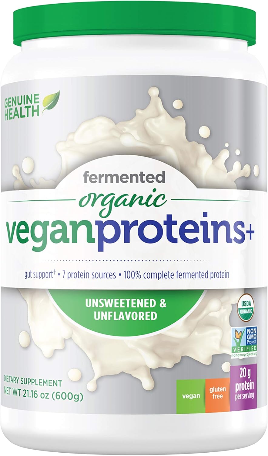 Genuine Health Fermented Organic Vegan Proteins+, Unflavored Protein Powder, 20g Protein, 21.16 Ounce Tub, 20 Servings Pack of 2