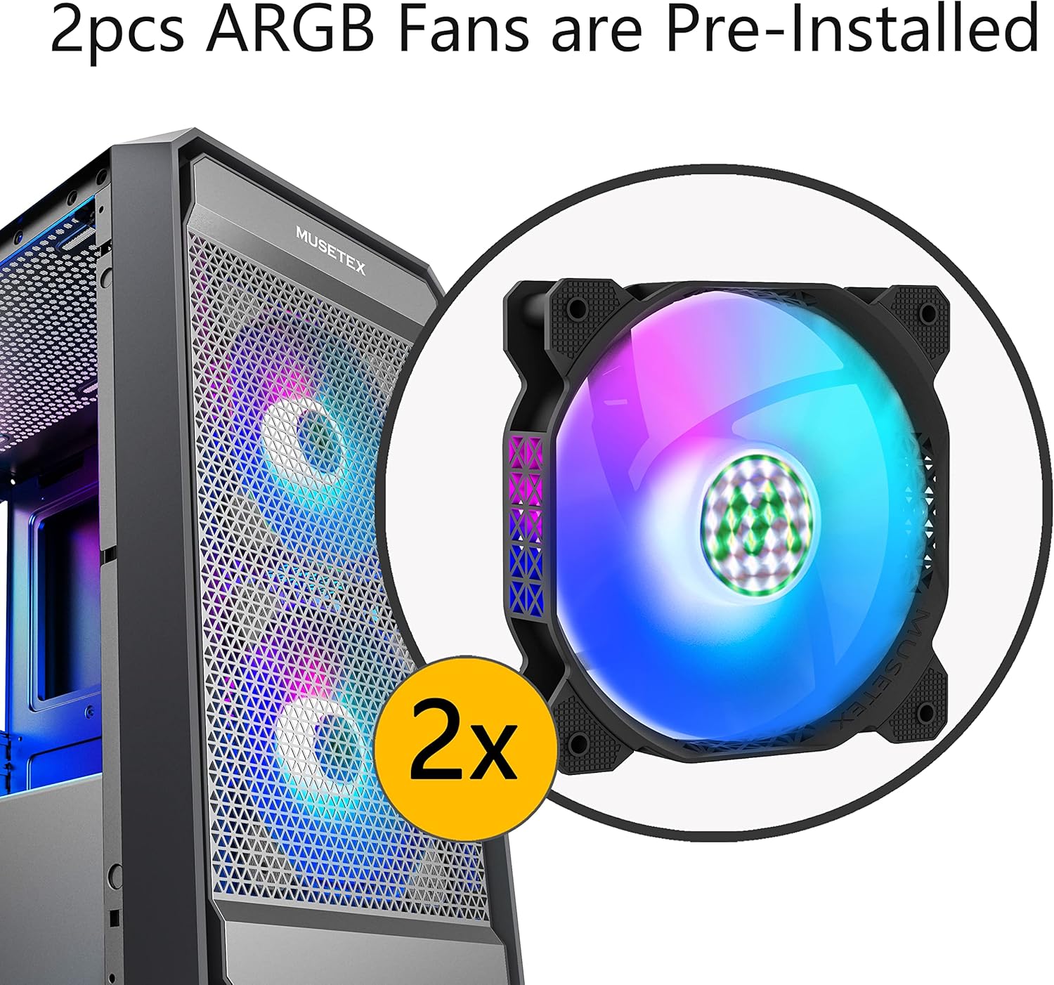 MUSETEX Matx PC Case, Computer Case with 2pcs ARGB Fans, Computer Gaming Case with Type-C Port USB 3.0 I/O Panel, Mesh Airflow Tempered Glass Side Window Pack of 2
