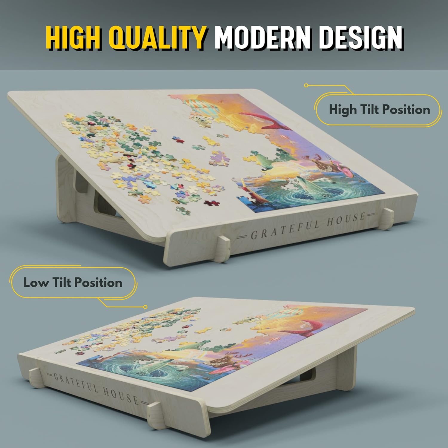 GRATEFUL HOUSE- Large Puzzle Board 35x28&rdquo; Tilts & Suits up to 1500 pc Portrait & Landscape Puzzles. Beautiful Birch Plywood Jigsaw Puzzle Table Prevents Neck & Back Strain. Bonus Box Lid Holder