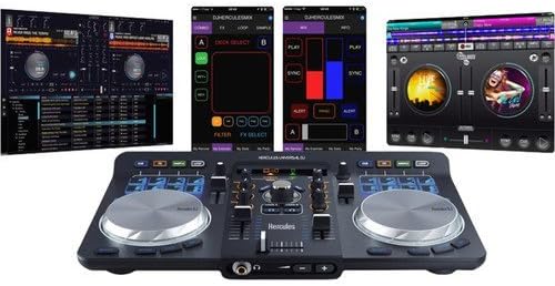 Hercules Universal DJ Bluetooth DJ Software Controller with R100 Stereo Headphones & Mini Male to Stereo Mini Male Cable (Black) 3'