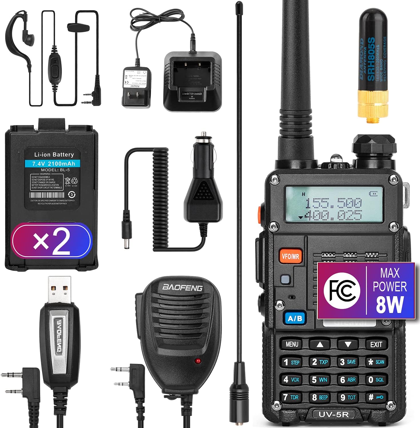 Ham Radio Walkie Talkie (UV-5R 8W) Dual Band 2-Way Radio with 2 Rechargeable 2100mAh Battery Handheld Walkie Talkies Complete Set with Earpiece and Programming Cable Pack of 2