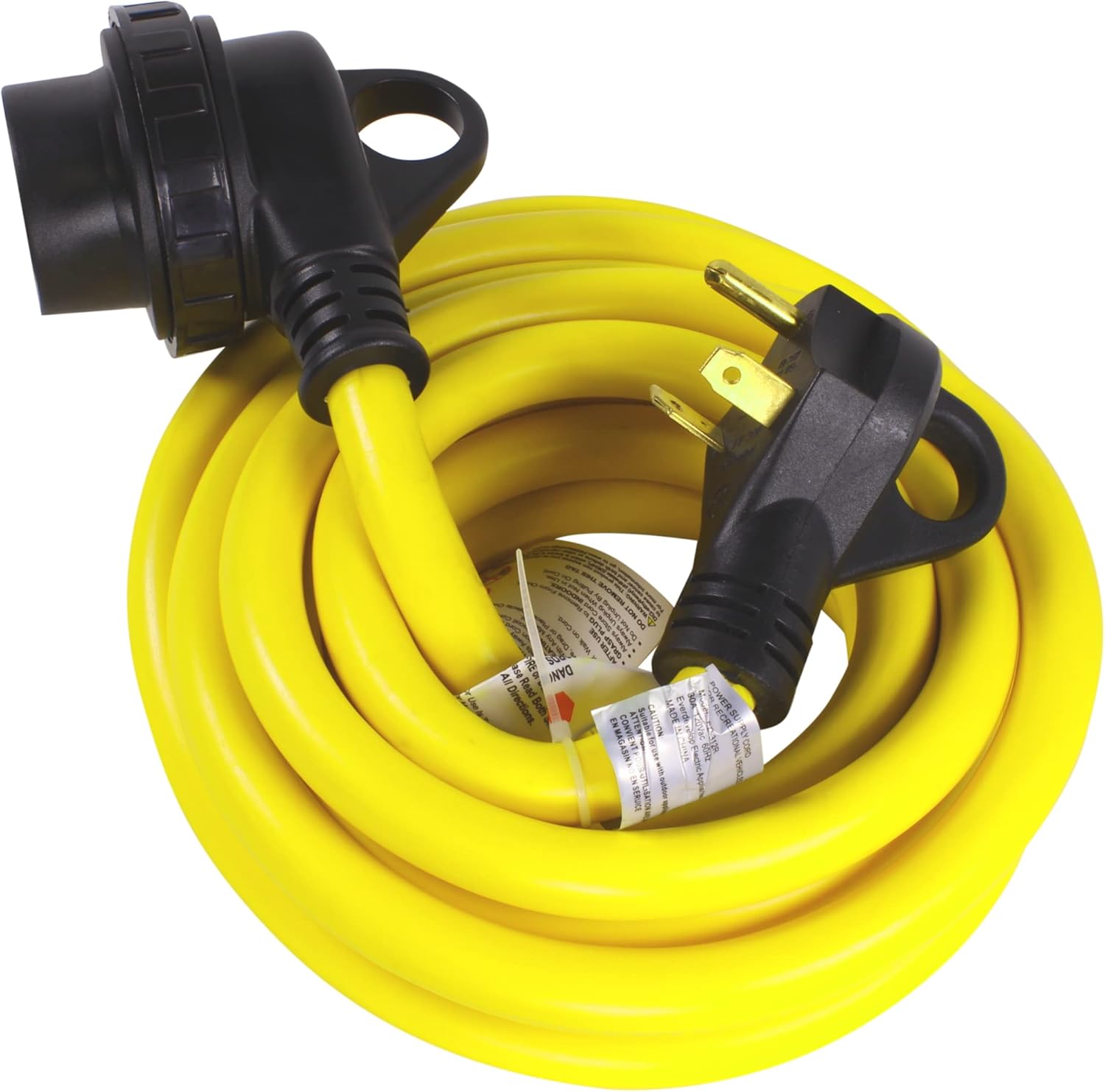 Journeyman-Pro 30A RV Power Extension Cord TT30 Locking Female (Safety Yellow), Black Grip Handle w/Power Indicator - 15, 25, 50 Feet Length 125V - 30 AMP, TT-30P to TT-30R(Twist Lock),(25 Feet)