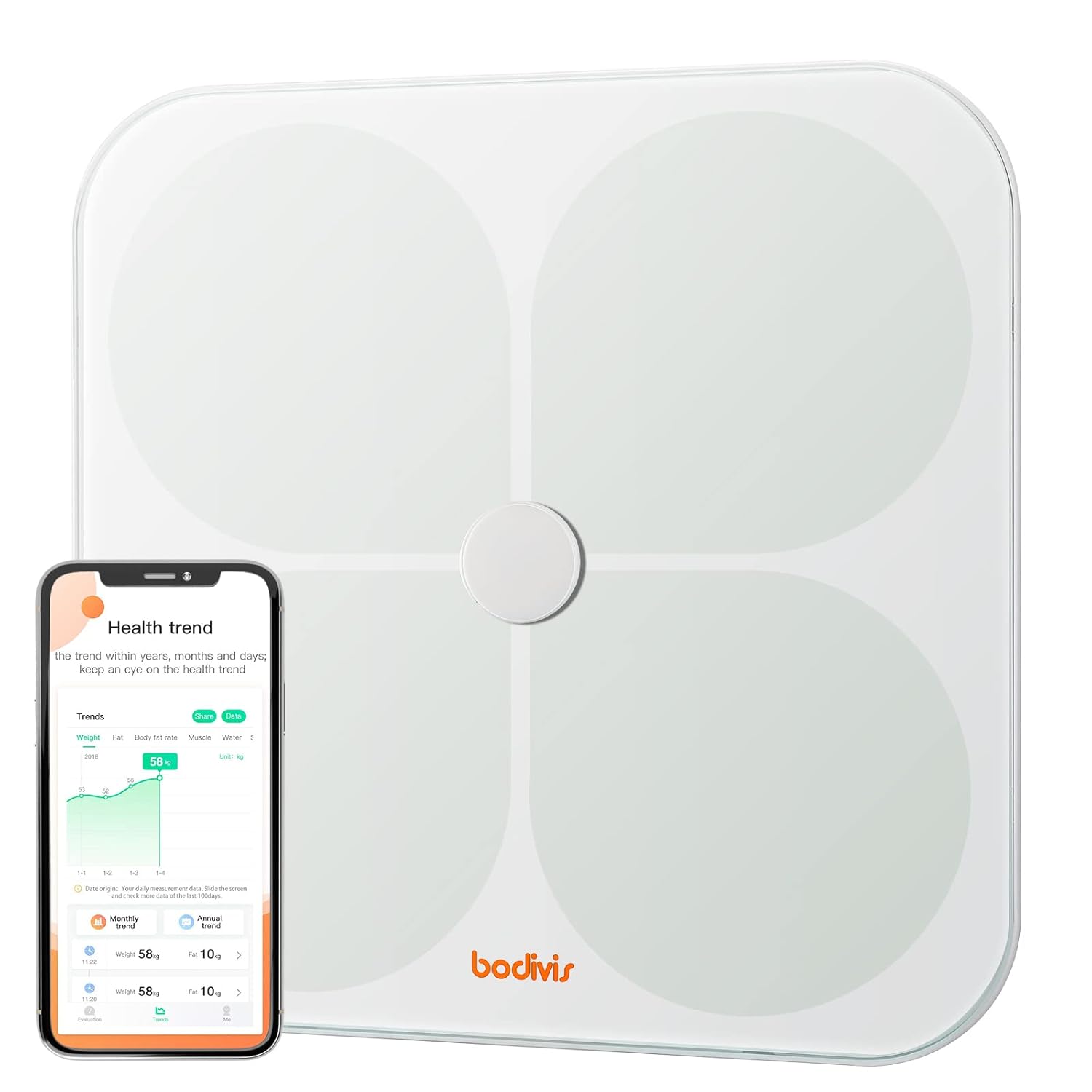 bodivis Body Fat Scale, Smart BMI Digital Scale White Wireless Measure Weight Scale, 21 Body Composition Analyzer with Smartphone App sync with Bluetooth, White Pack of 2