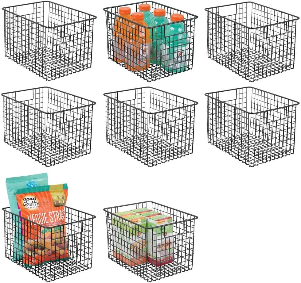 mDesign Farmhouse Decor Metal Wire Food Organizer Storage Bin Baskets with Handles for Kitchen Cabinets, Pantry, Bathroom, Laundry Room, Closets, Garage - 8 Pack - Black