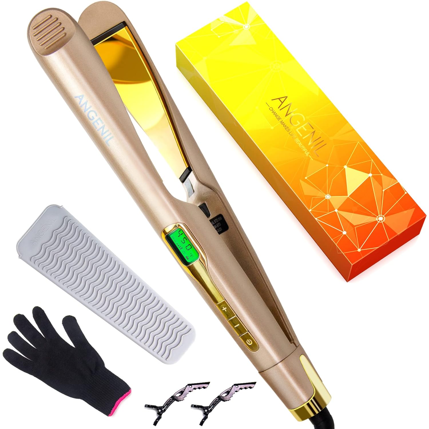 Professional Hair Straightener and Curling Iron 2 in 1, ANGENIL Titanium Flat Iron for Straightening & Curl Hair, Adjust Temp 250℉-450℉ LCD Display for All Hair Types Pack of 2