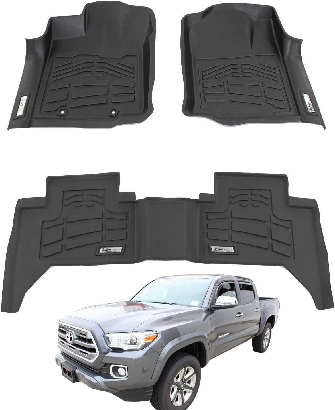 Front & Second Row Black Sure-Fit Floor Mats for 2016-2018 Toyota Tacoma Double Cab