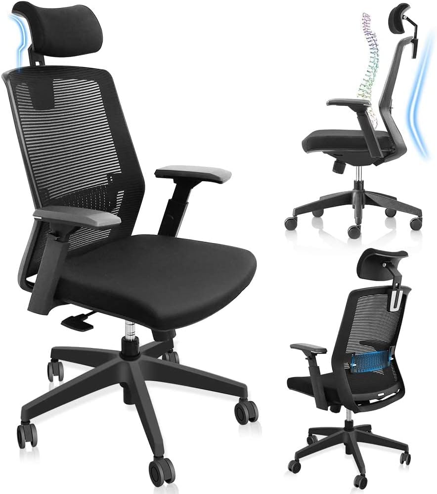 Ergonomic Office Chair, High Back Desk Chair, Home Mesh Office Chair with Lumbar Support and Rolling Wheels, Adjustable Headrest Backrest Armrest, Black