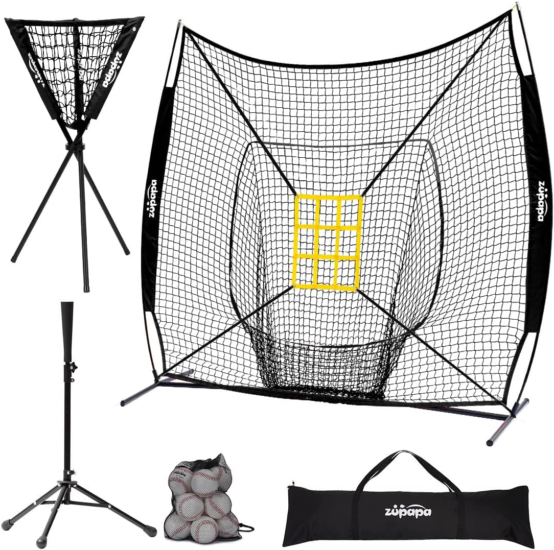 Zupapa Baseball Softball Practice Combo - 7 X 7 Feet Net Tee Caddy 12 Pack Baseballs Set, Upgraded Vivid Strike Zone, Baseball Backstop Practice Net for Hitting Pitching Batting Catching