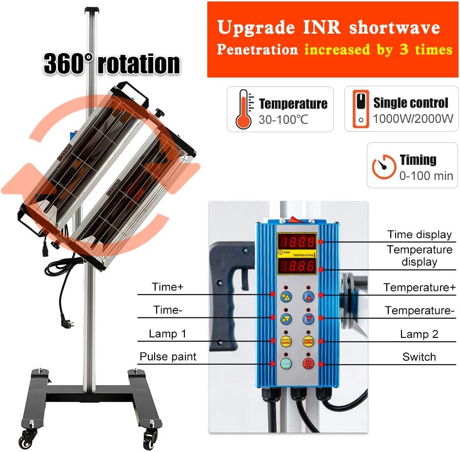 Infrared Paint Curing Lamp 2000W Shortwave Infrared Heat Lamp for Car Body Repair Paint Curing Systems,IR Lamp for Body Repair Paint Tools,with Adjustable Bracket,Heat Lamps for Paint Booth