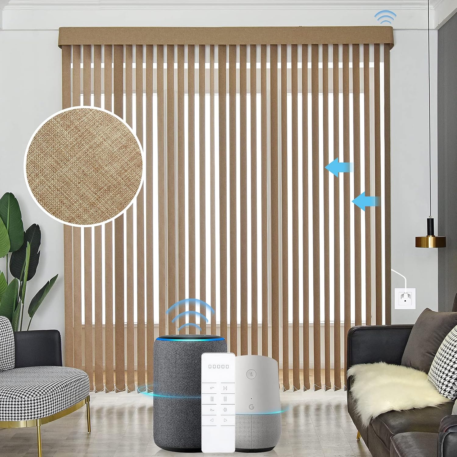 Graywind Motorized Half Shading Vertical Blinds Compatible with Alexa Google Privacy Smart Vertical Blind Remote Control Track Slats Set for Sliding Doors No Valance, Width Up to 157