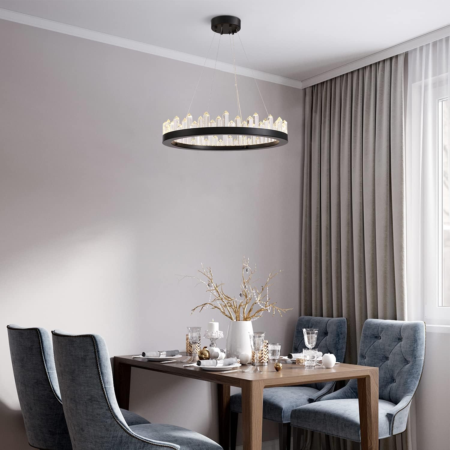 Round K9 Crystal Chandelier Lighting, Siljoy Modern LED Ring Pendant Light with Metal Body for Dining Room Living Room Kitchen Island Dia 23 Inches Black