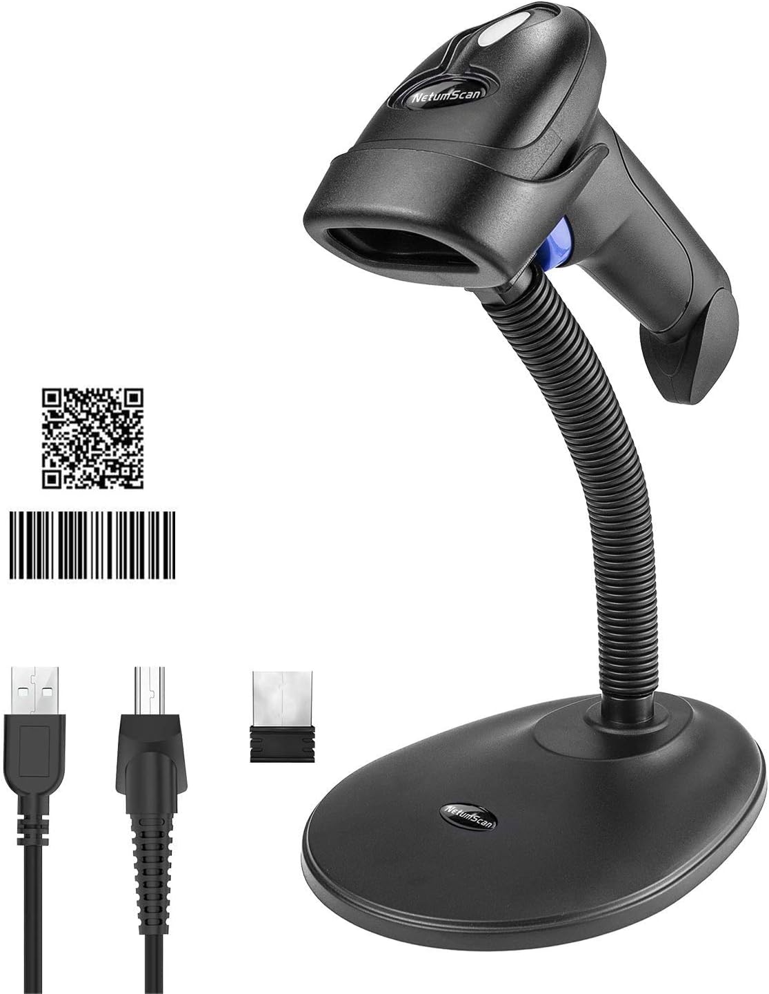 Wireless 1D 2D Barcode Scanner with Stand, NetumScan Portable Automatic QR Code Scanner Supports Screen Scan Handheld CMOS Image Bar Code Reader with USB Receiver for Warehouse POS and Computer Pack of 2