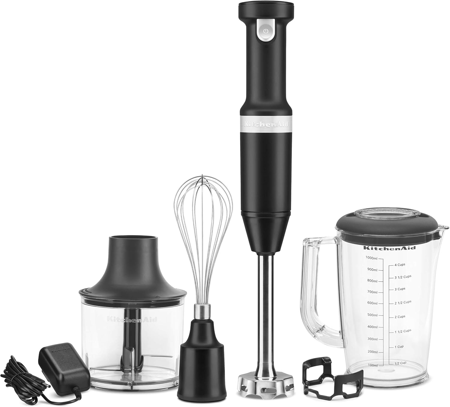 KitchenAid KHBBV83OB Cordless Variable Speed Hand Blender with Chopper and Whisk Attachment, Matte Onyx Black