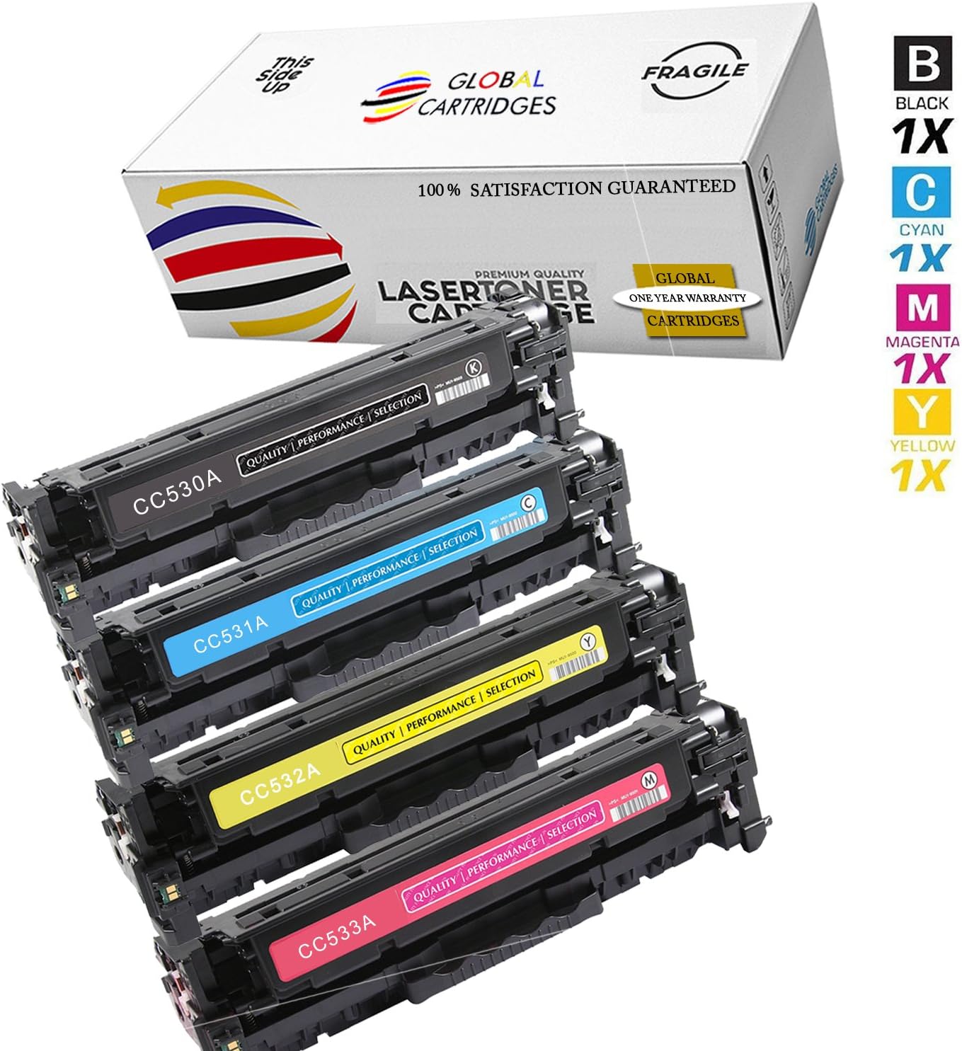 Global Cartridges Premium Quality Compatible Toner Cartridge Set for HP 304A / CC530A, CC531A, CC532A, CC533A, (Black, Cyan, Magenta, Yellow, 4-Pack)
