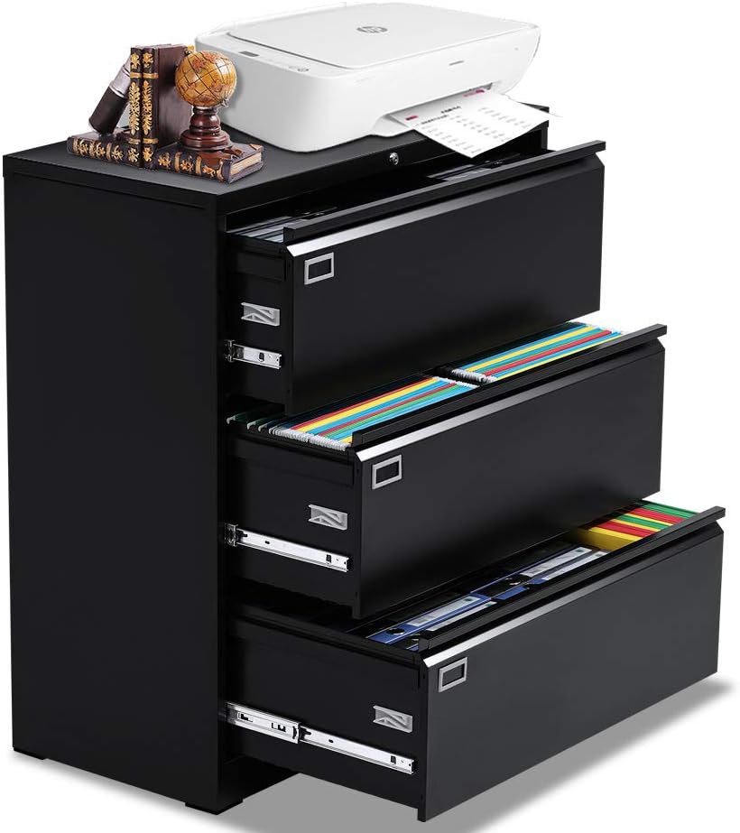 Black 4 Drawer Lateral File Cabinet with Lock, Locking Metal lateral Filing Cabinet for Office Steel lateral File Cabinet, Large Horizontal File Cabinet Locked by Keys