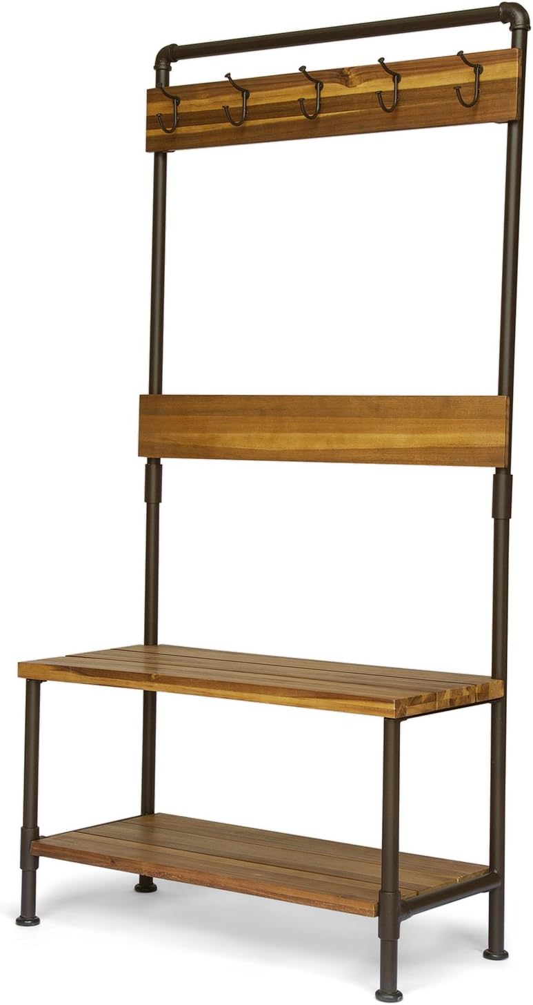 Kay Indoor Industrial Acacia Wood Bench with Shelf and Coat Hooks, Teak Finish