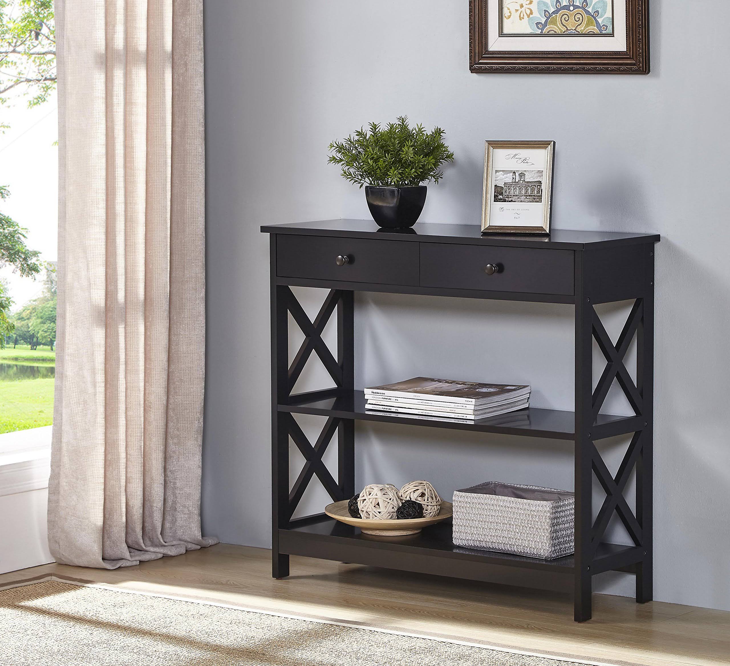 Black Finish 3-Tier Console Sofa Entry Table with Shelf / Two Drawers